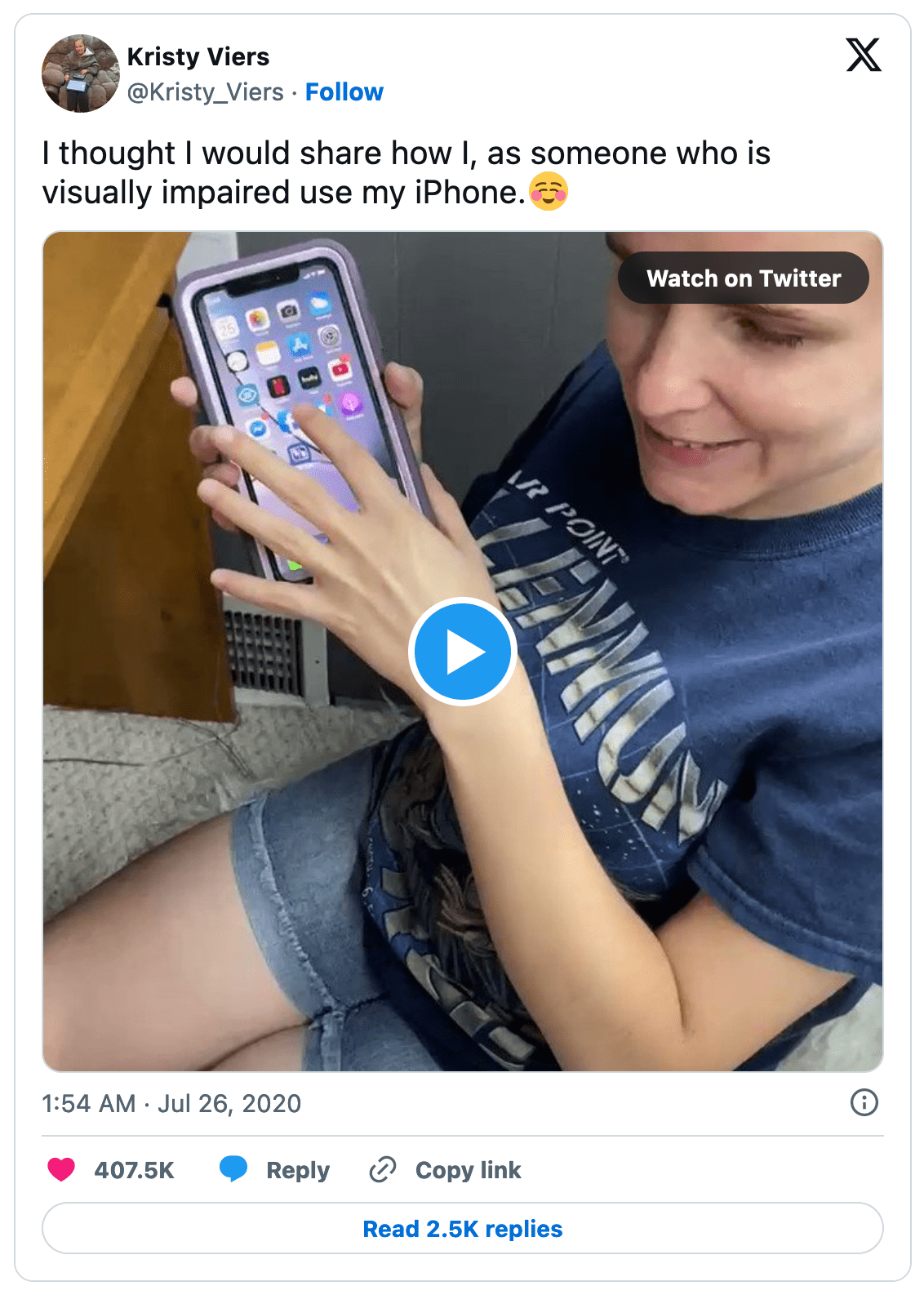 X.com post from Kristy Viers@Kristy_Viers"I thought I would share how I, as someone who is visually impaired use my iPhone.☺️"